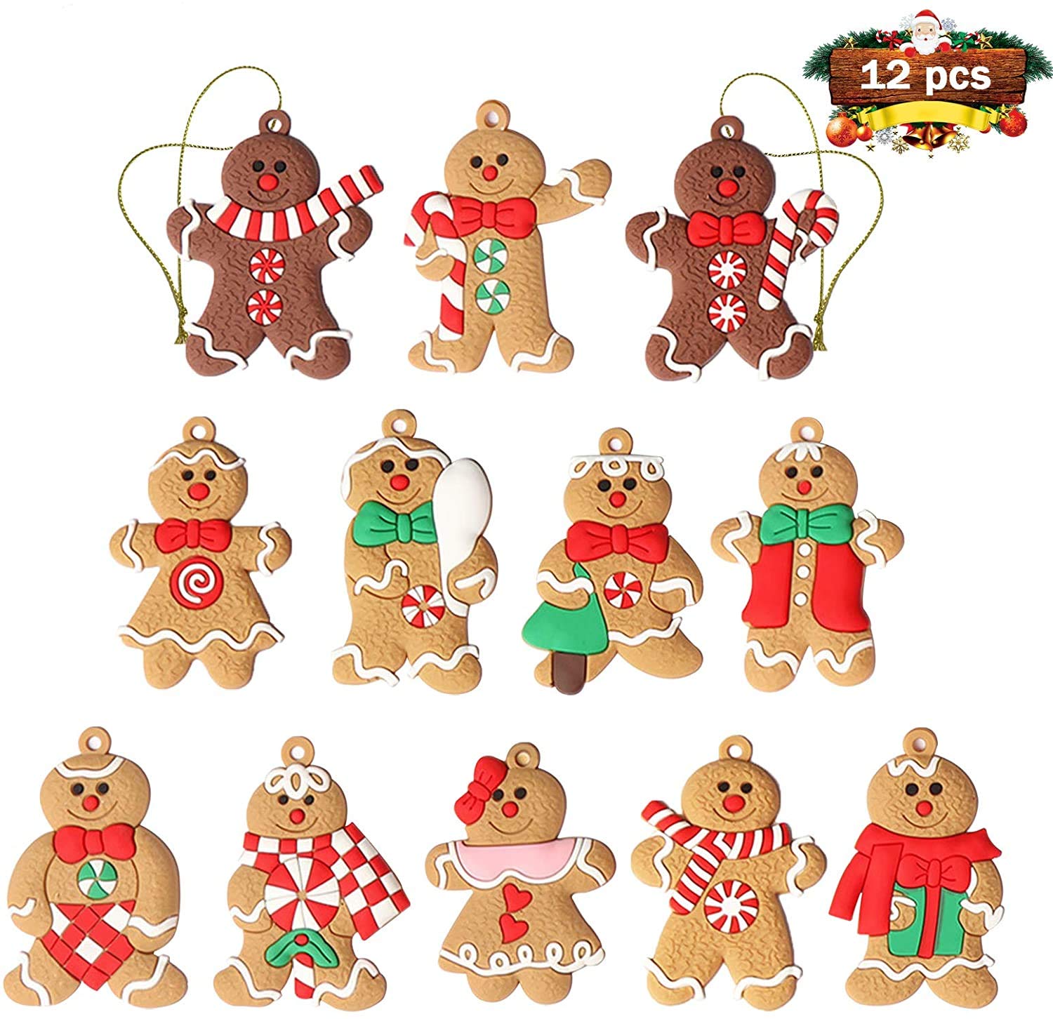 GuassLee 12pcs Gingerbread Man Ornaments for Christmas Tree - Assorted Plastic Gingerbread Figurines Ornaments for Christmas Tree Hanging Decorations 7.6cm
