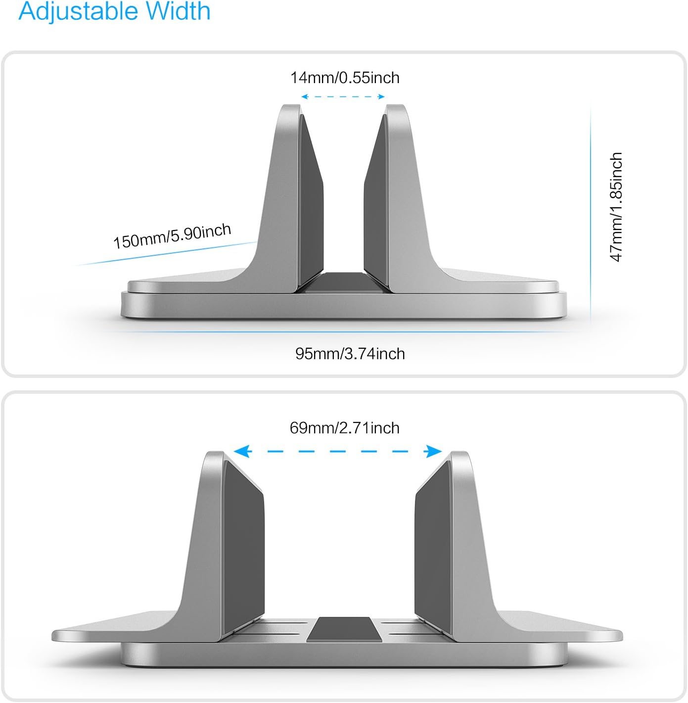 Vertical Laptop Stand [Adjustable Size], OMOTON Desktop Aluminum MacBook Stand with Adjustable Dock Size, Fits All MacBook, Surface, Chromebook and Gaming Laptops (Up to 17.3 inch), Gray: Office Products