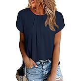 Dokotoo Women's Casual Round Neck Basic Pleated Tops Short Sleeve Loose Fit Curved Back Chiffon Blouses Tshirts