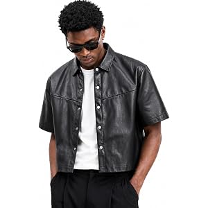 OKCEO Cropped Button Up Men Leather Jacket Boxy Fit Shirt Y2K Crop Top | Boxy Cropped Fit, Soft Faux Leather Fabric, Trendy B