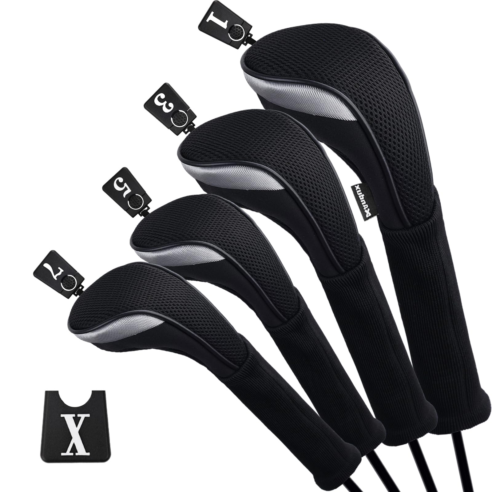 Andux Golf Fairway Wood Club Head Covers 460cc Driver Extra Long Neck 4pcs/Set Black/Black
