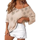 LOMON Womens 3/4 Sleeve Crochet Tops Off Shoulder Hollow Out Sweater V Neck Casual Loose Fit Beach Cover Up