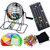 Yuanhe Deluxe Bingo Game Set - Metal Round Cage, 75 Colored Balls, 50 Bingo Cards, 300 Mixed Chips and Master Board for Large Groups, Parties