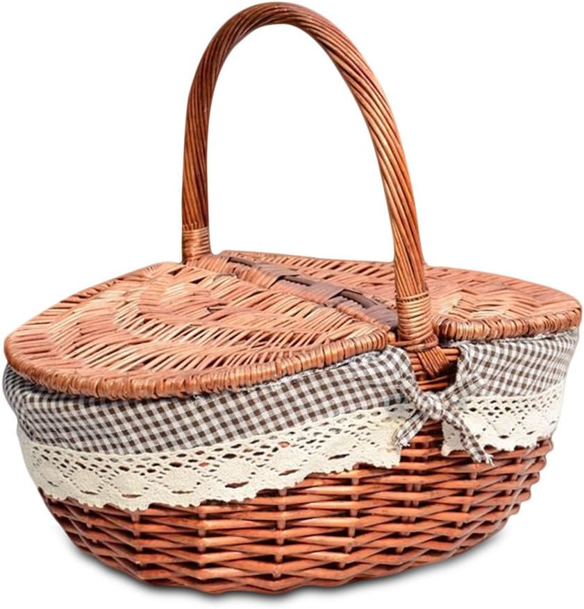 TSY Hand Made Wicker Basket Wicker Camping Picnic Basket Shopping Storage Hamper with Lid and Handle Wooden Color Wicker Picnic Basket (L, 02#)