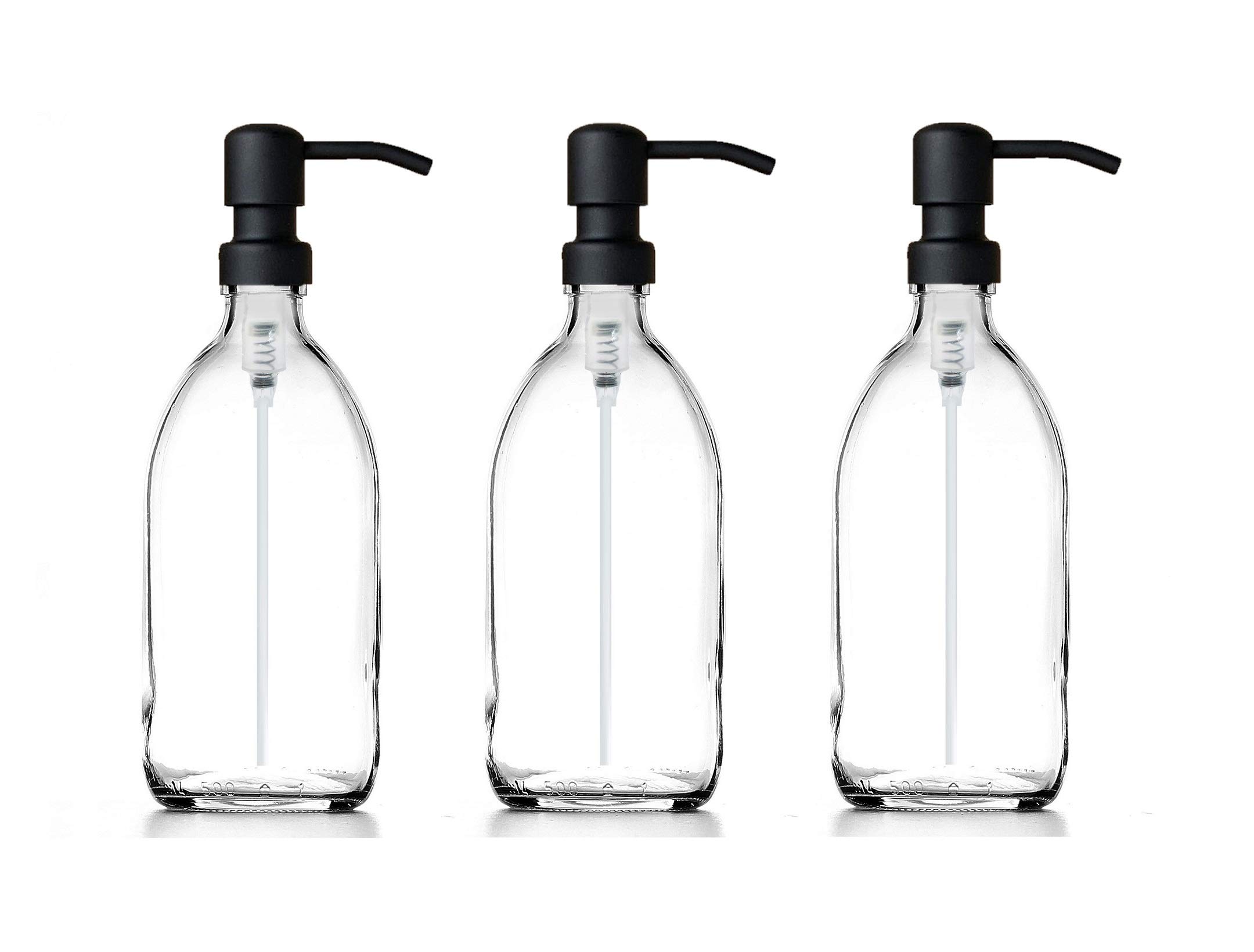Clear Glass Bottles 500ml Soap Dispenser with Metal Pump (BPA-Free) Clear Flint Glass Empty Soap Dispensers – Reusable Refillable Eco friendly, Sustainable Living/Gift (Satin Black Finish, 3)
