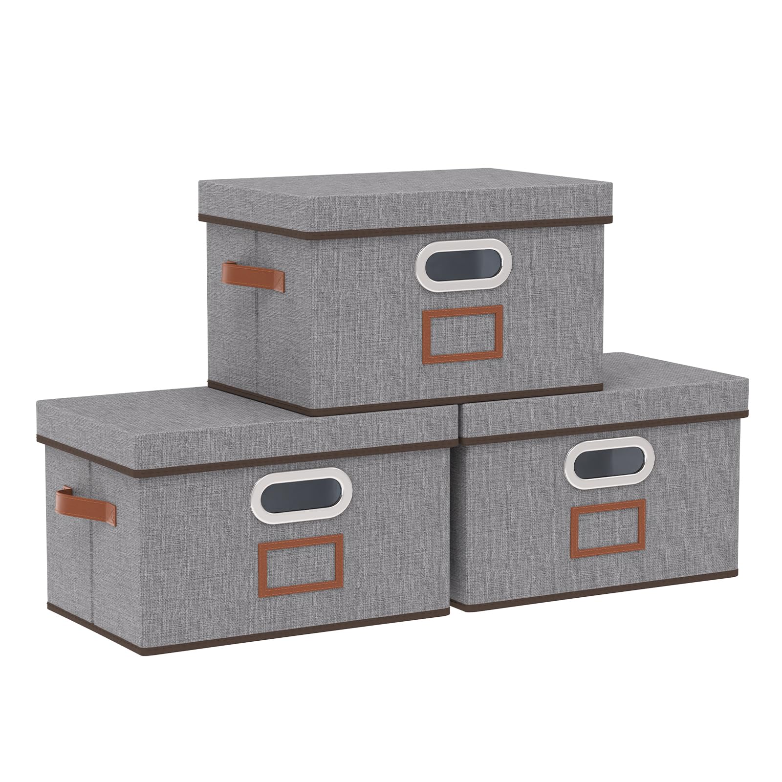 OUTBROS Wardrobe Storage Organiser, Foldable Baskets for Shelves, Fabric Cube Organiser Box, Containers with Lids for Home, Office, 32 x 23 x 20 cm, Grey, 3-Pack