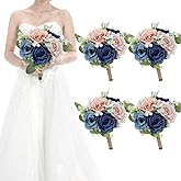 HOMENERGY Set of 4 Bridesmaid Bouquets for Wedding - 7 Inch Artificial Flowers Bouquets for Ceremony Anniversary Centerpieces Decorations - Navy & Dusty