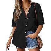 HOTOUCH Women's Button Down Short Sleeve Collared Loose Fit Shirt