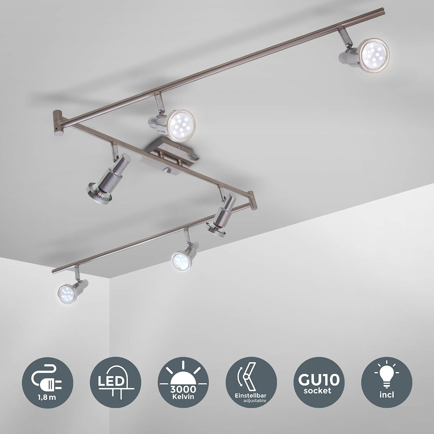 B.K.Licht LED Ceiling Light, 70,8 in, rotatable Spots, 5W GU10 Bulbs Included, 400Lm Each, Warm White 3000K - Image 3