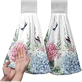 Blue Hydrangea Hanging Hand Towels Set of 2 Watercolor Summer Pink Flower Butterfly Kitchen Towels with Hanging Loop Green Leaf Dish Cloth Towels Soft Absorbent Fingertip Bath Tie Towels for Bathroom