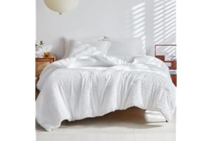 WARMDERN Queen Comforter Set White Boho Stripe Comforter Lightweight Microfiber Down Alternative Comforter Tufted Bedding Set 3 pcs for All Season - 1 Comforter & 2 Pillowcases (White, Queen)