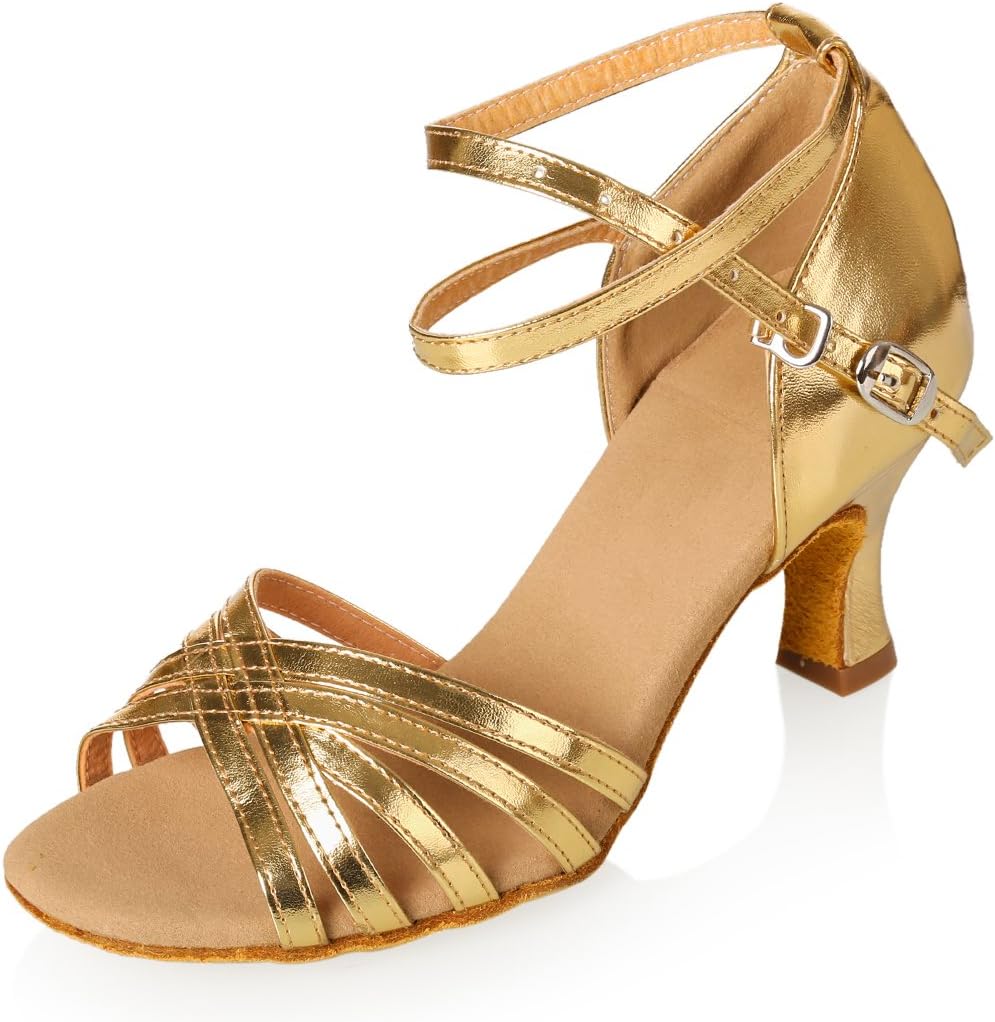 Women's Professional Latin Dance Shoes Satin Salsa Ballroom Wedding Dancing Shoes 2.4" Heel Gold, 7.5 M US