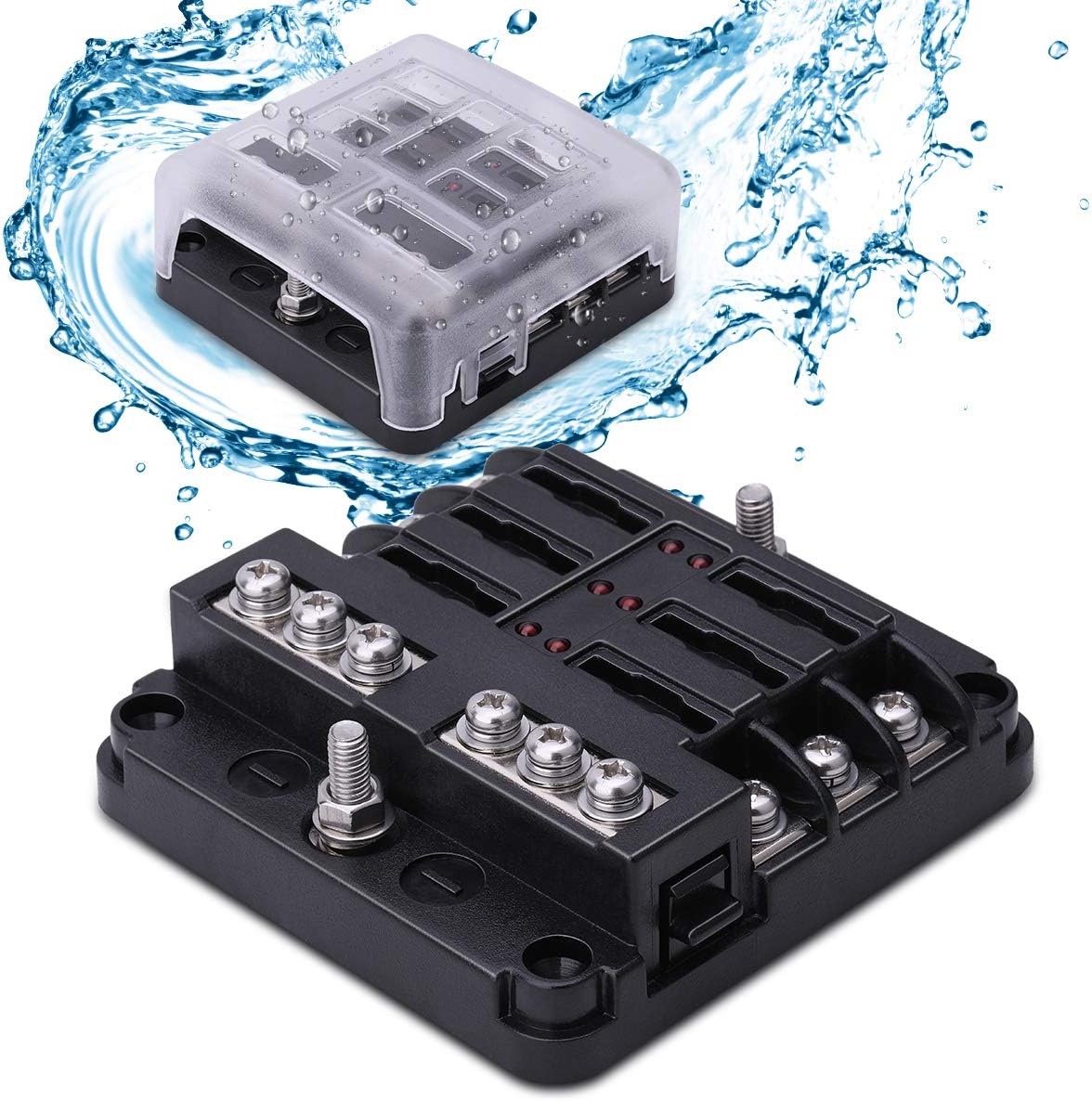 AWANFI 6-Way Blade Fuse Box Holder with Negative Bus and LED Warning Indicator for 12V/24V Automotive Car Truck Boat Van Marine