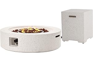 SUNBURY Outdoor Propane Fire Pit Table, 42 Inch 50,000 BTU Round Spotted White Patio Gas Fire Table w Tank Cover Table, Lava Rocks, Waterproof Cover
