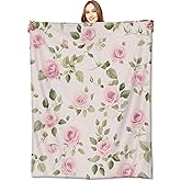 VODRM Floral Pink Rose Blanket Flower Throw Blankets with Green Leaves,Birthday Gifts for Women Girls,Lightweight Soft Fleece,for Sofa Couch Bed Room Spring Artistic Romantic Decor 50x60in