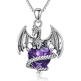 QKABTI Women's Dragon Amethyst Pendant Necklace 925 Sterling Silver, Mystical Gothic Crystal Jewelry Gift for Her