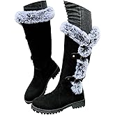 Winter Boots for Women Warm Faux Fur Lined Snow Boots with Velvet Anti-Slip Comfortable Fashion Suede Winter Warm Padded Cotton Knee High Boots Platform Heel Fashion Buckle Fluffy Outdoor Shoes