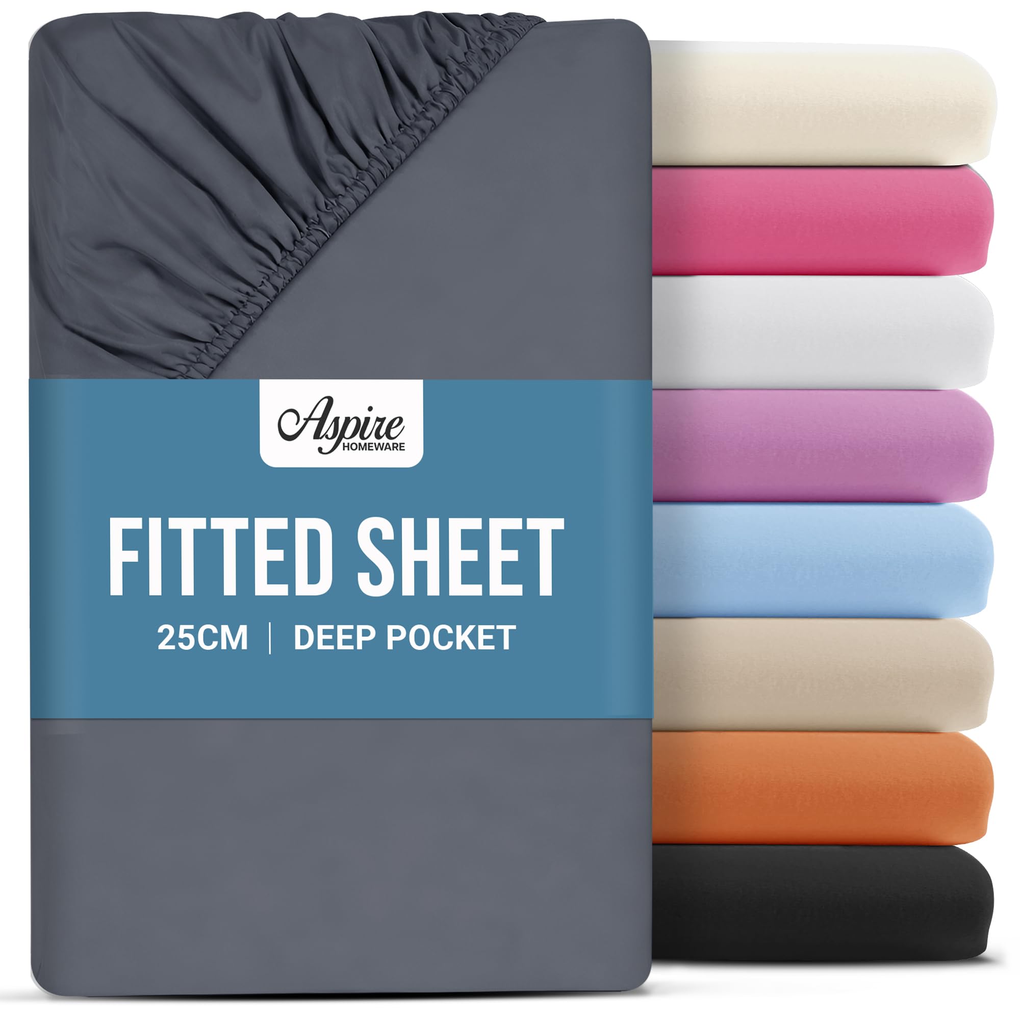 Aspire Homeware Single Fitted Sheet - 25 cm Deep Hotel Quality (Charcoal) Bed Sheets - Soft & Breathable Fitted Sheet Single Bed - Anti-Wrinkle Easy Care Fitted Sheets