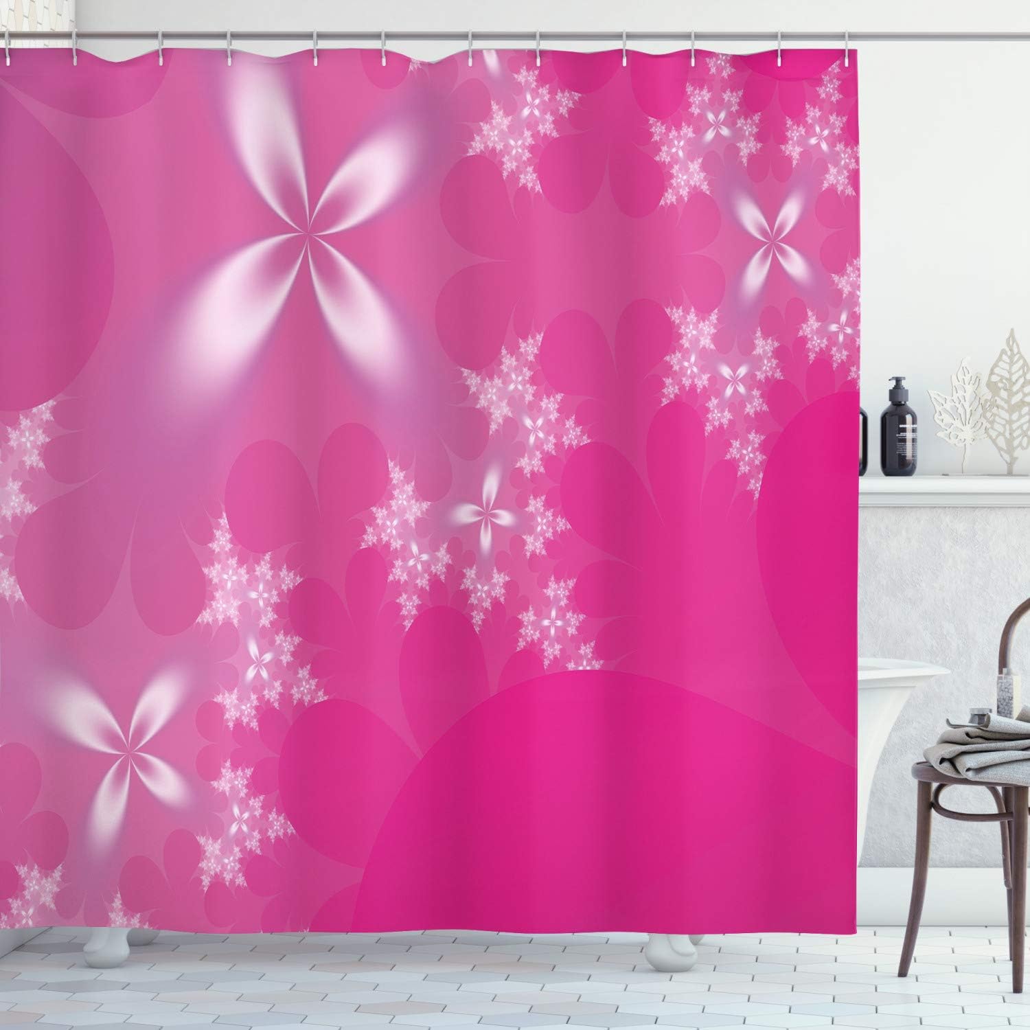 Ambesonne Hot Pink Shower Curtain, Vibrant Floral Arrangement on an Abstract Hot