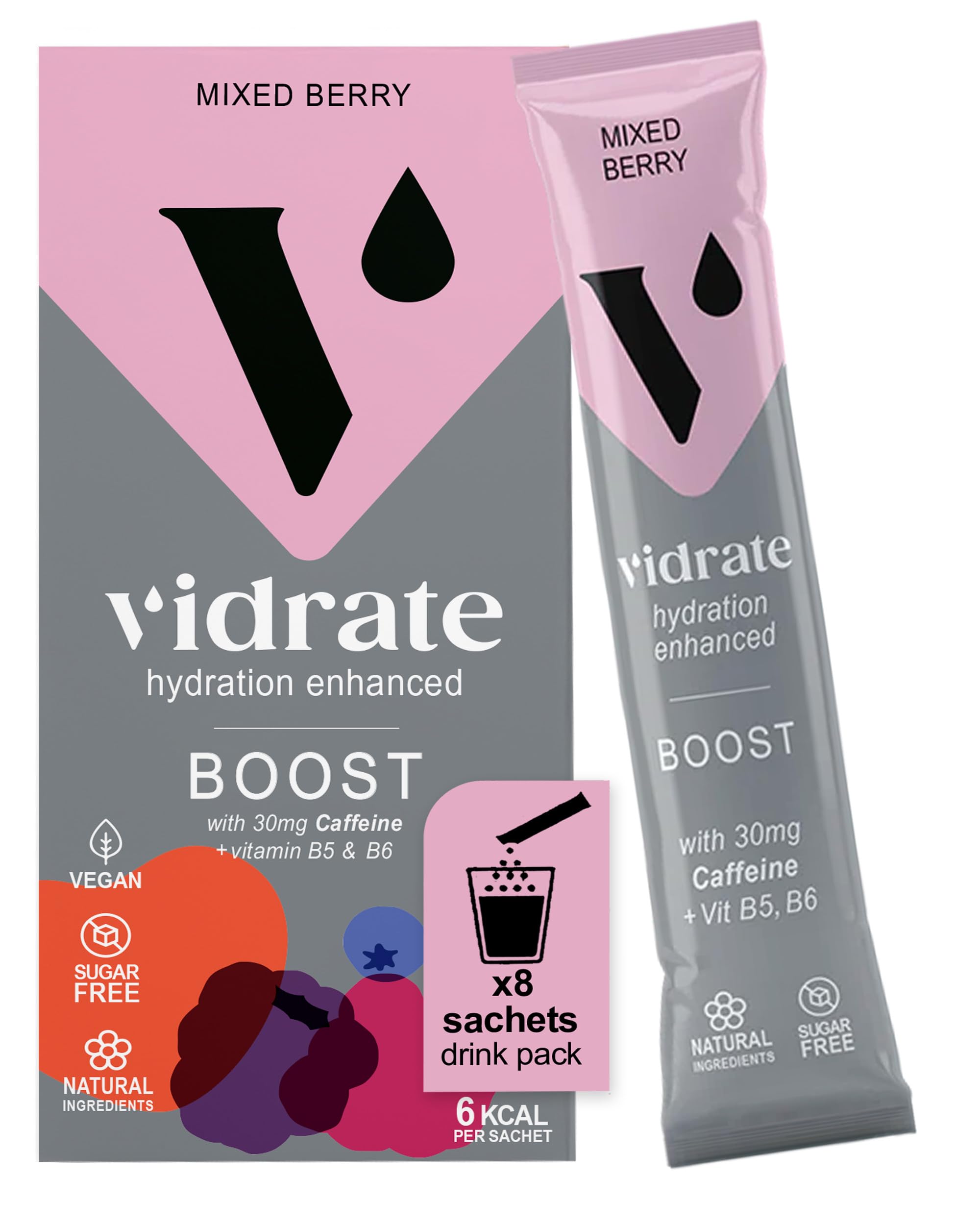 Vidrate Electrolytes Powder - Hydration Sachets Packed with Vitamins - Zero Sugar Rehydration Sachet No Artificial Sweeteners & Preservatives - Boost Mixed Berry Small Pack, 8 Electrolytes Sachets