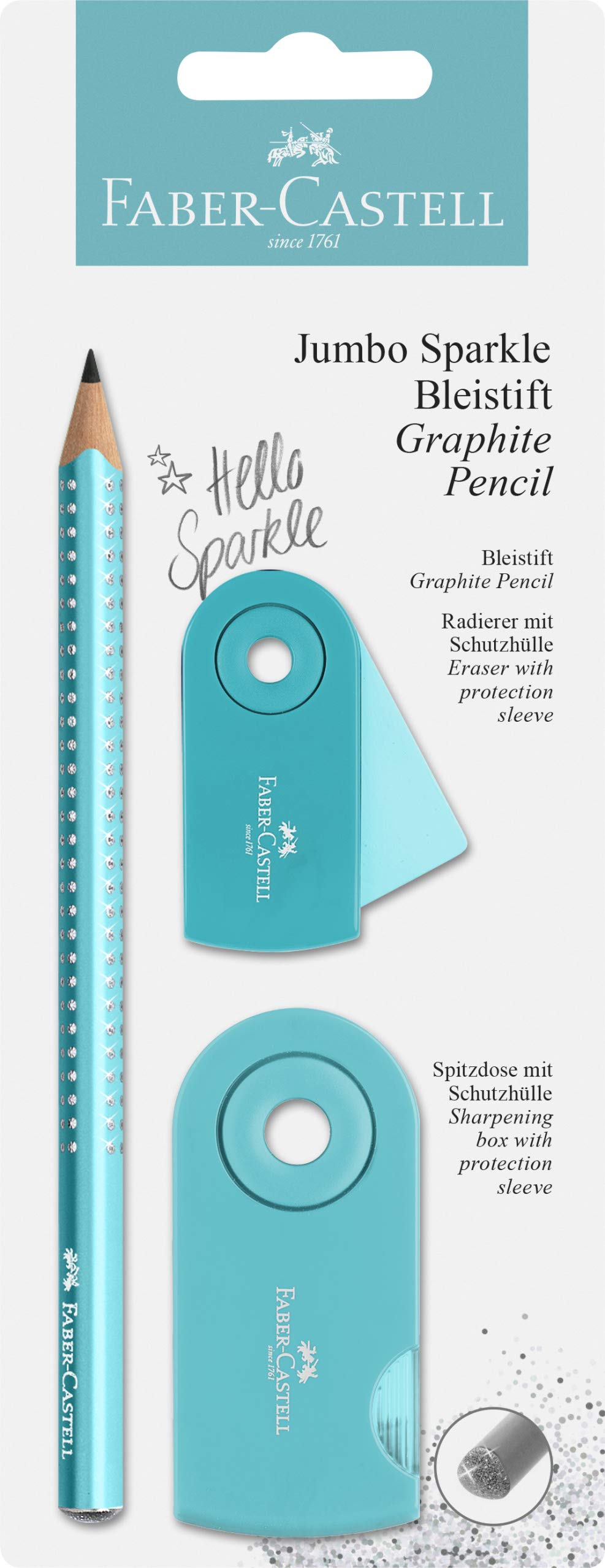 Faber-Castell Jumbo Sparkle Pencil, Eraser and Sharpener - Pearl Turquoise, 111676