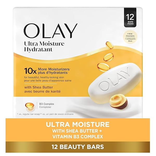 OLAY BEAUTY BAR, ULTRA MOISTURE,10X MORE MOISTURIZERS, NOURISHING CONDITIONERS, SMOOTH & GENTLE ON SKIN, VITAMIN B3 COMPLEX, FOR ALL SKIN TYPES, SHEA BUTTER SCENT, 3.17 OZ, (PACK OF 12)