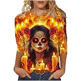 Día De Los Muertos Shirts for Women 2025 Mexican Day of Dead T-Shirts Skull Skeleton Print 3/4 Sleeve Tops Sweatshirt