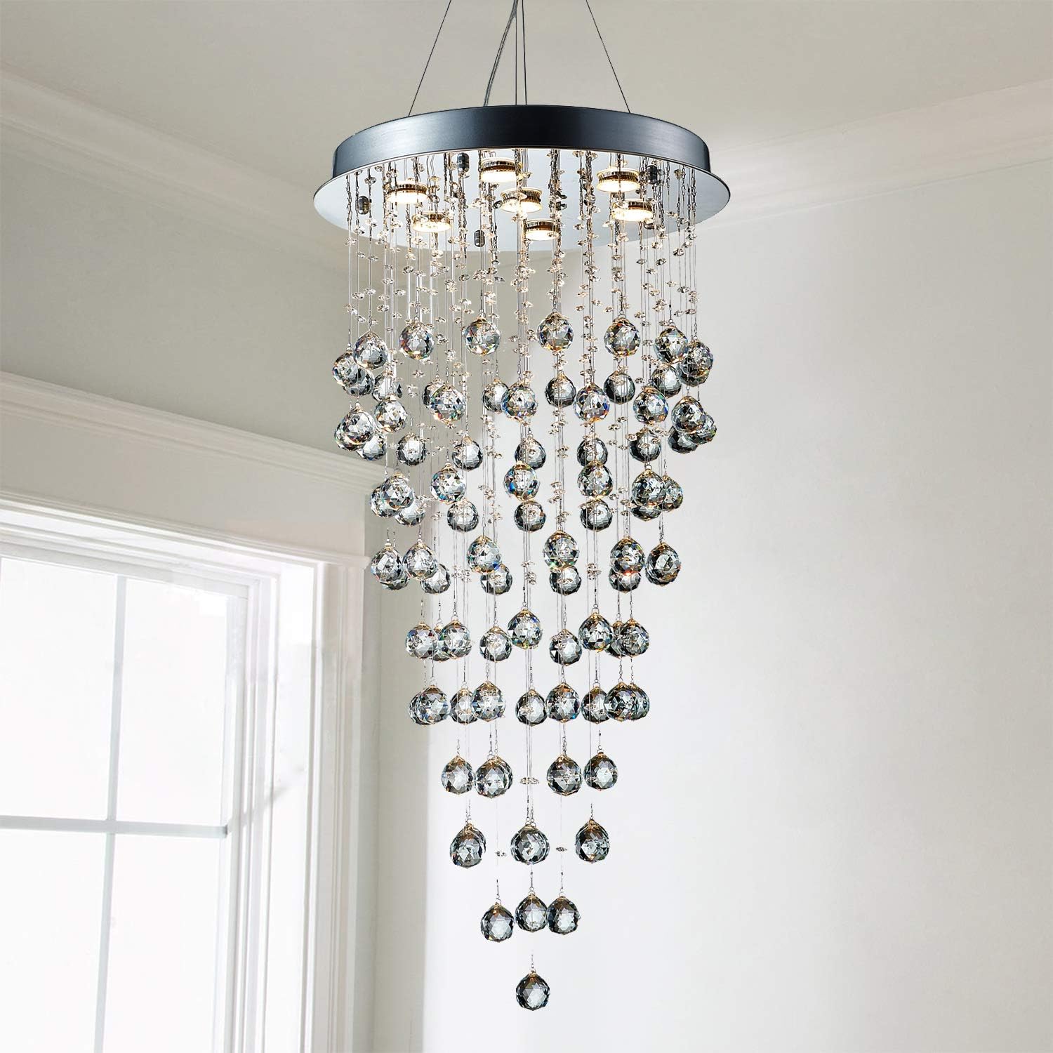 Saint Mossi Modern K9 Crystal Raindrop Chandelier Lighting Flush Mount LED Ceiling Light Fixture Pendant Lamp for Dining Room Bathroom Bedroom Livingroom 7 GU10 Bulbs Required H38" X W20"