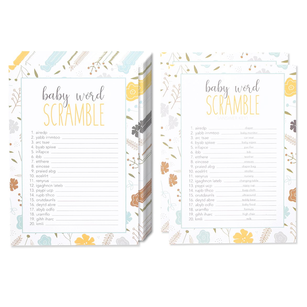 50 Baby Shower Game Sheets 2 Answer Key Word Scramble Party Games