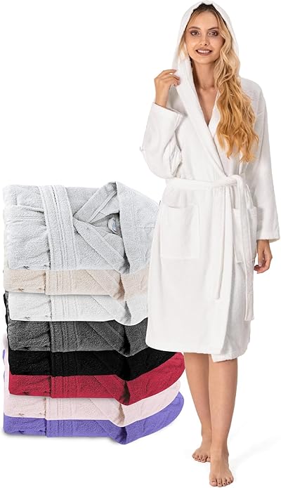 Twinzen Bademantel Damen - 100% Baumwolle OEKO-TEX® Zertifiziert - XS, S, M, L, XL - Morgenmantel Damen mit Kapuze, 2 Taschen, Gürtel