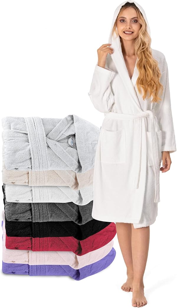 Twinzen Bademantel Damen - 100% Baumwolle OEKO-TEX® Zertifiziert - XS, S, M, L, XL - Morgenmantel Damen mit Kapuze, 2 Taschen, Gürtel