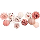 NICROLANDEE Wedding Party Decorations, 12 PCS Rose Pink Floral Paper Lanterns Tissue Pom Poms Backdrop Decoration for Pink Boho Wedding Bridal Shower Birthday Tea Party Decor