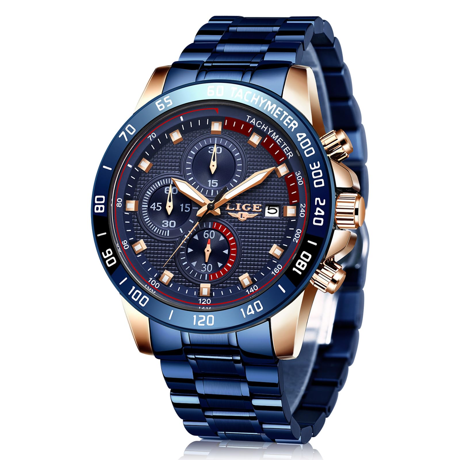 LIGE Mens Watches Waterproof Stainless Steel Business Analog Quartz Gold Blue Wrist Watch