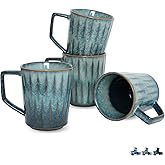 Bosmarlin Ceramic Coffee Mug Set of 4, 15 Oz, Coffee Cups with Big Handle, Microwave Safe, Unique Reactive Glaze (Teal, 15 Oz)