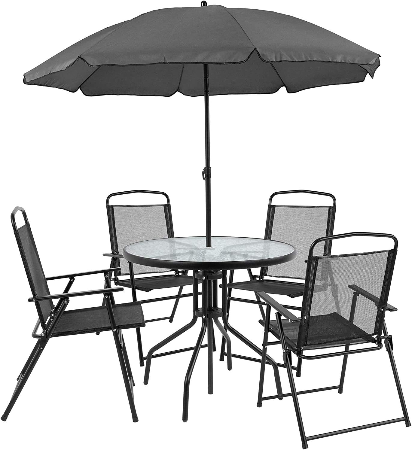 Amazon Com 6 Piece Black Patio Garden Set With Table Umbrella And 4 Folding Chairs Kitchen Dining