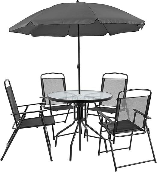 Amazon Com 6 Piece Black Patio Garden Set With Table Umbrella And 4 Folding Chairs Kitchen Dining