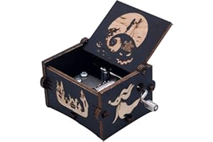 Kcikn Wooden Engraved The Nightmare Before Christmas Hand-cranked Musical Box, Playing Melody This is Halloween Music Box for