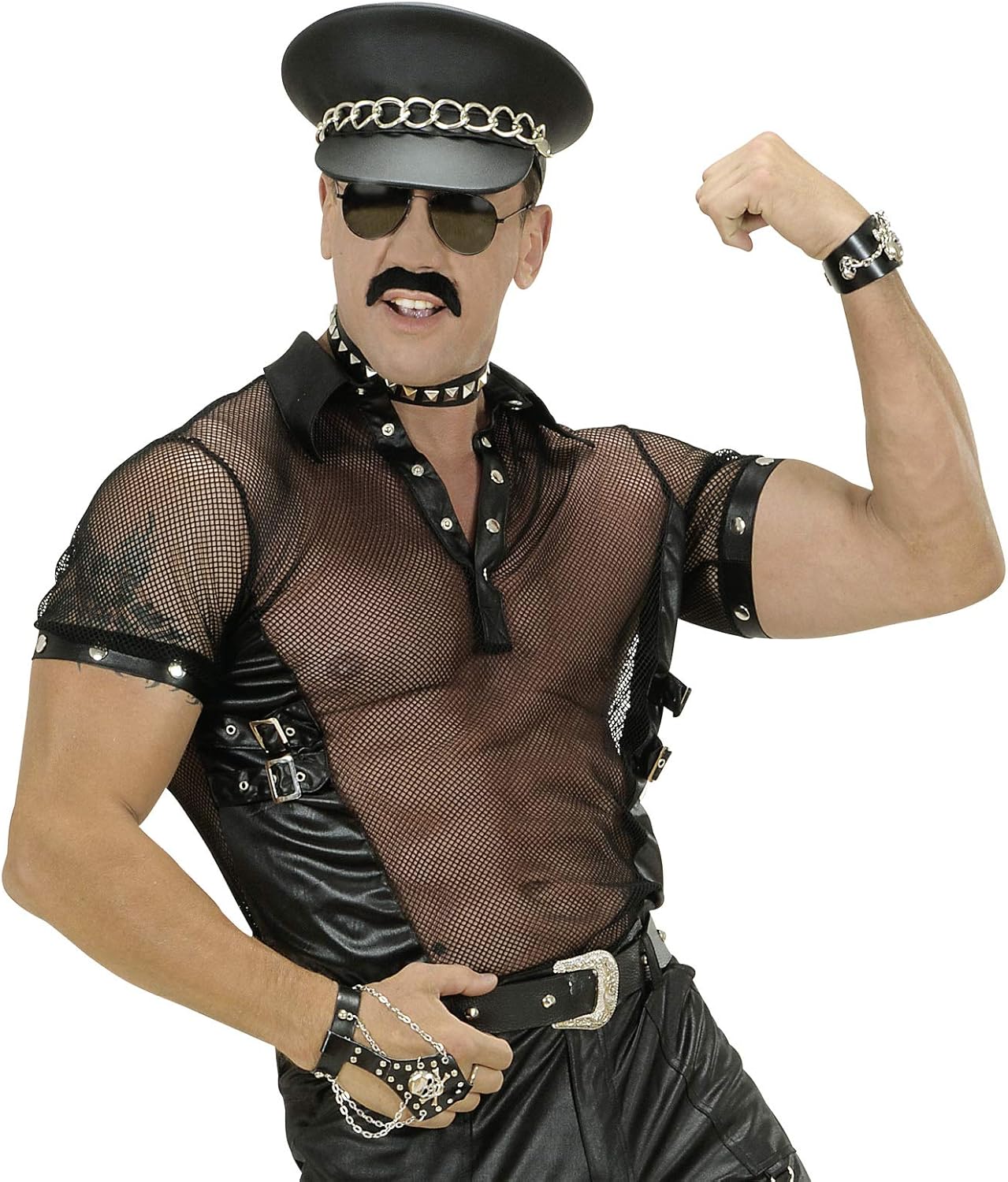 Mens 70s YMCA BLACK NET & LEATHERLOOK SHIRTS MAN SIZE Costume for 70s