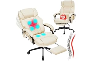 HESL Massage Office Chair with Foot Rest 6 Points Vibration and Heat Home Office Desk Chairs for Heavy People 400lbs Reclining Managerial Chairs Ergonomic Executive Chair (Cream)