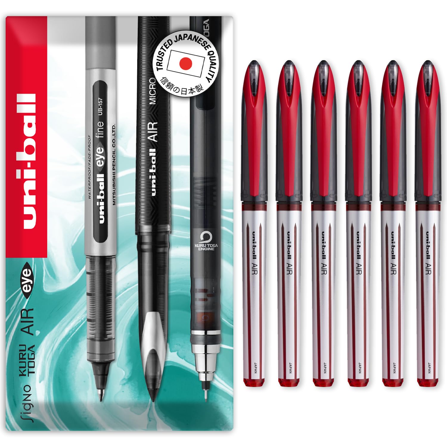 uni-ball AIR - 0.7mm Medium Rollerball - UBA-188-L - In Envelope Gift Packaging (Pack of 6, Red)