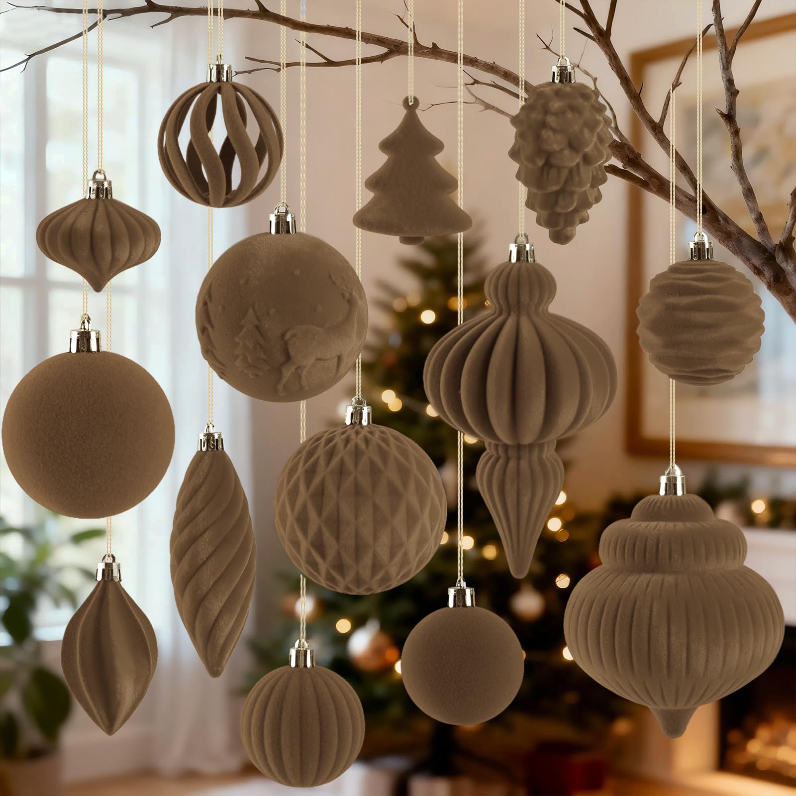 Photo 1 of 18Pcs Velvet Christmas Tree Ornaments Set, Kahki Vintage Flocked Hanging Christmas Balls Ornaments, Shatterproof Decorative Hanging Balls Decorations Assortment for Xmas Tree Holiday Home Party Decor