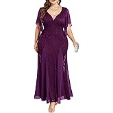 TIARALY Plus Size Wedding Guest Dress Chiffon Lace Evening Gown with Handkerchief Sleeves Cocktail Party Maxi Dress