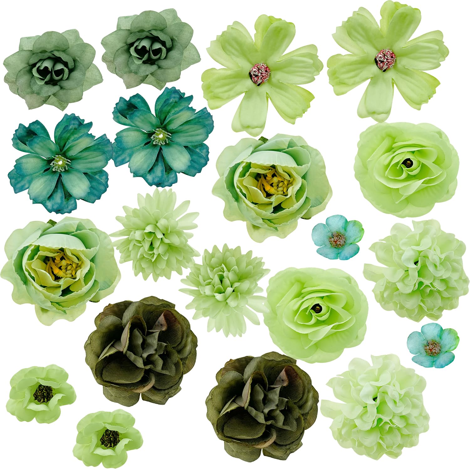 Jaczora 20 PCS Green Artificial Flower, Heads-Craft Fake flower Decoration Mini Silk Pink Flower Heads Bulk Mix for for Home Decor, Wedding Bouquet DIY, Party, Garden, Cake Decoration