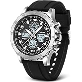 PINIDOUS Watch for Men Watches Sport Military Waterproof Watches Analog Digital Watches Stainless Steel Watches with Alarm Stopwatch LED Light Hourly Chime Multi-Function Wristwatch