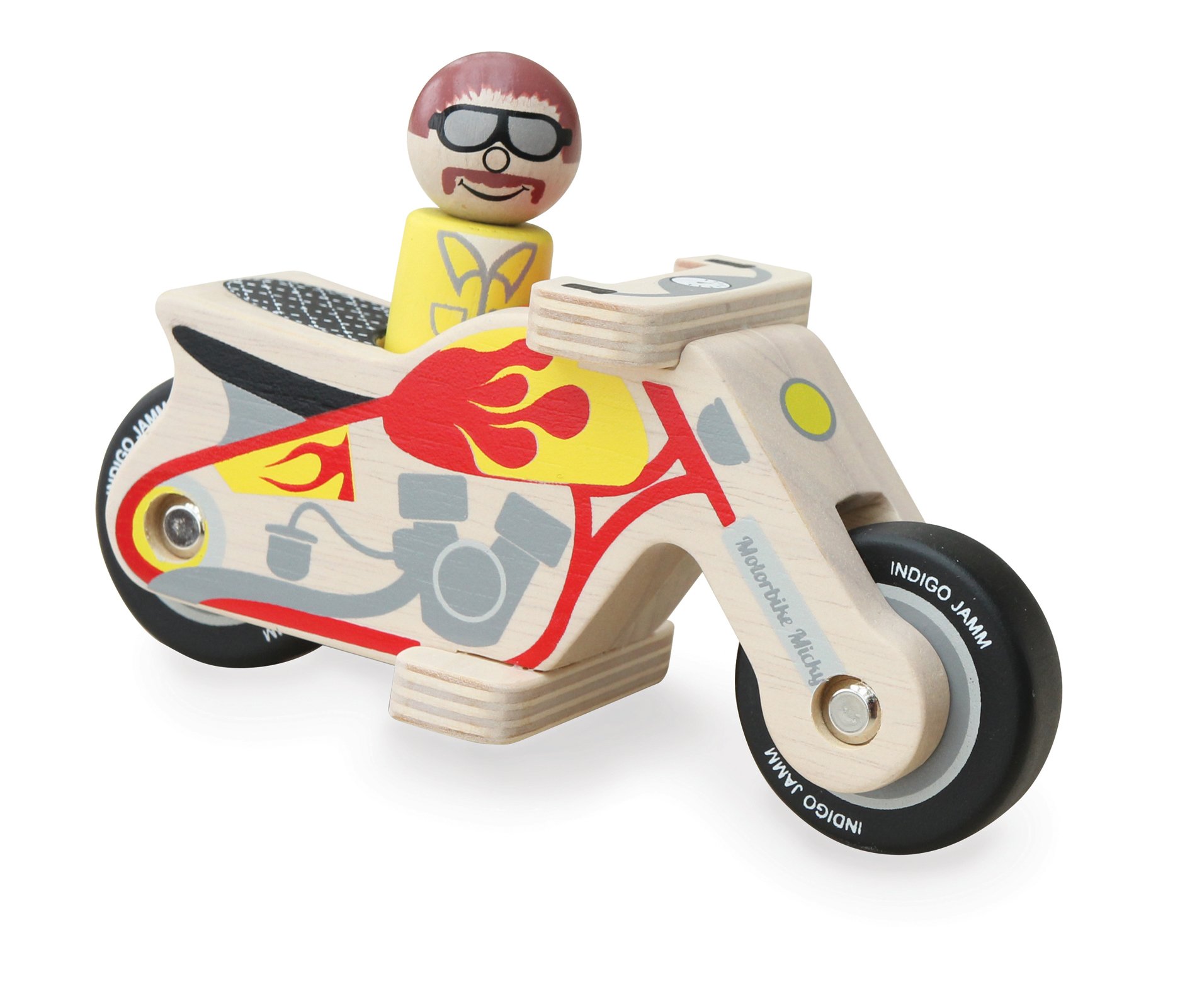 Indigo Jamm Motorbike Micky, Retro Wooden Toy Motorbike, Classic Style Vehicle with Removable Driver
