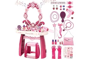 deAO Kids Vanity Table and Chair Set with Mirror and Chair, Toddler Vanity with Light & Music, Pretend Play Makeup & Hair Dryer Toy, Beauty Salon Gift for Girls Ages 3-5