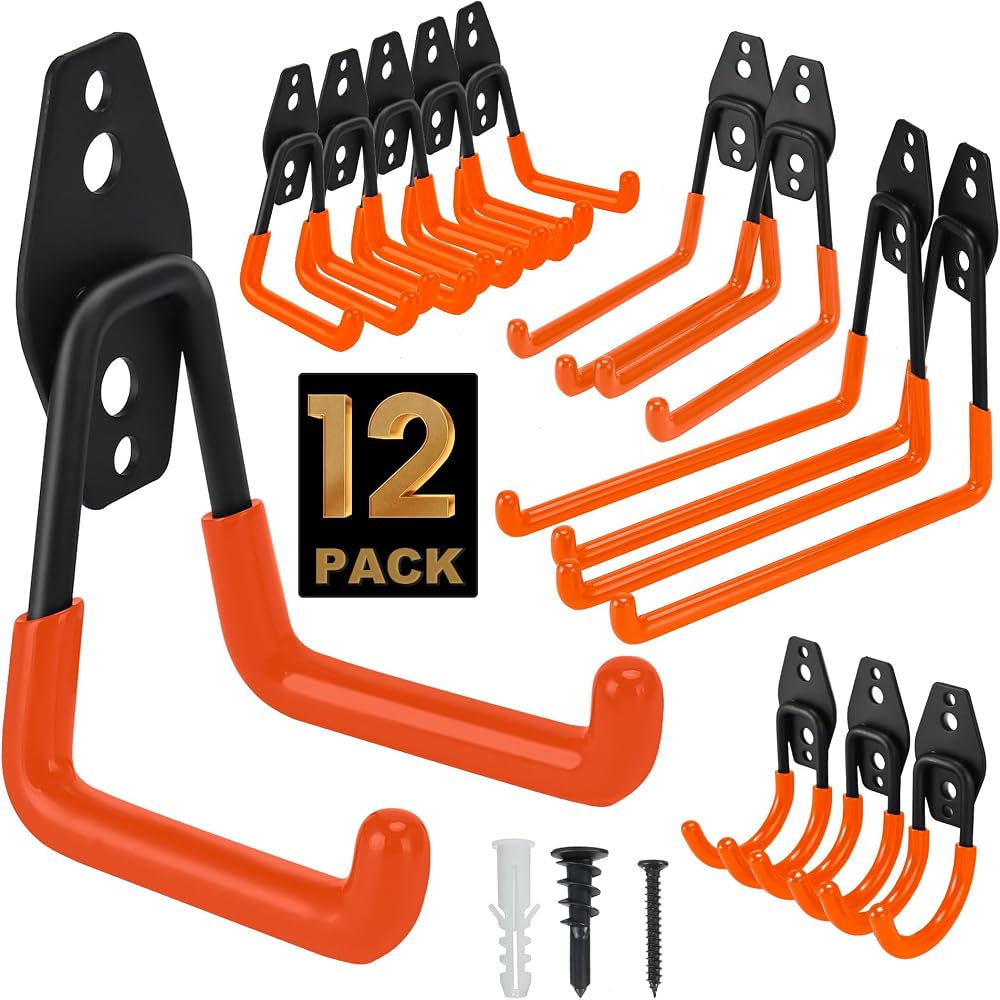 TECHSHARE Garage Hooks 12 Pack Heavy Duty Wall Hooks 4 Sizes with Screws
