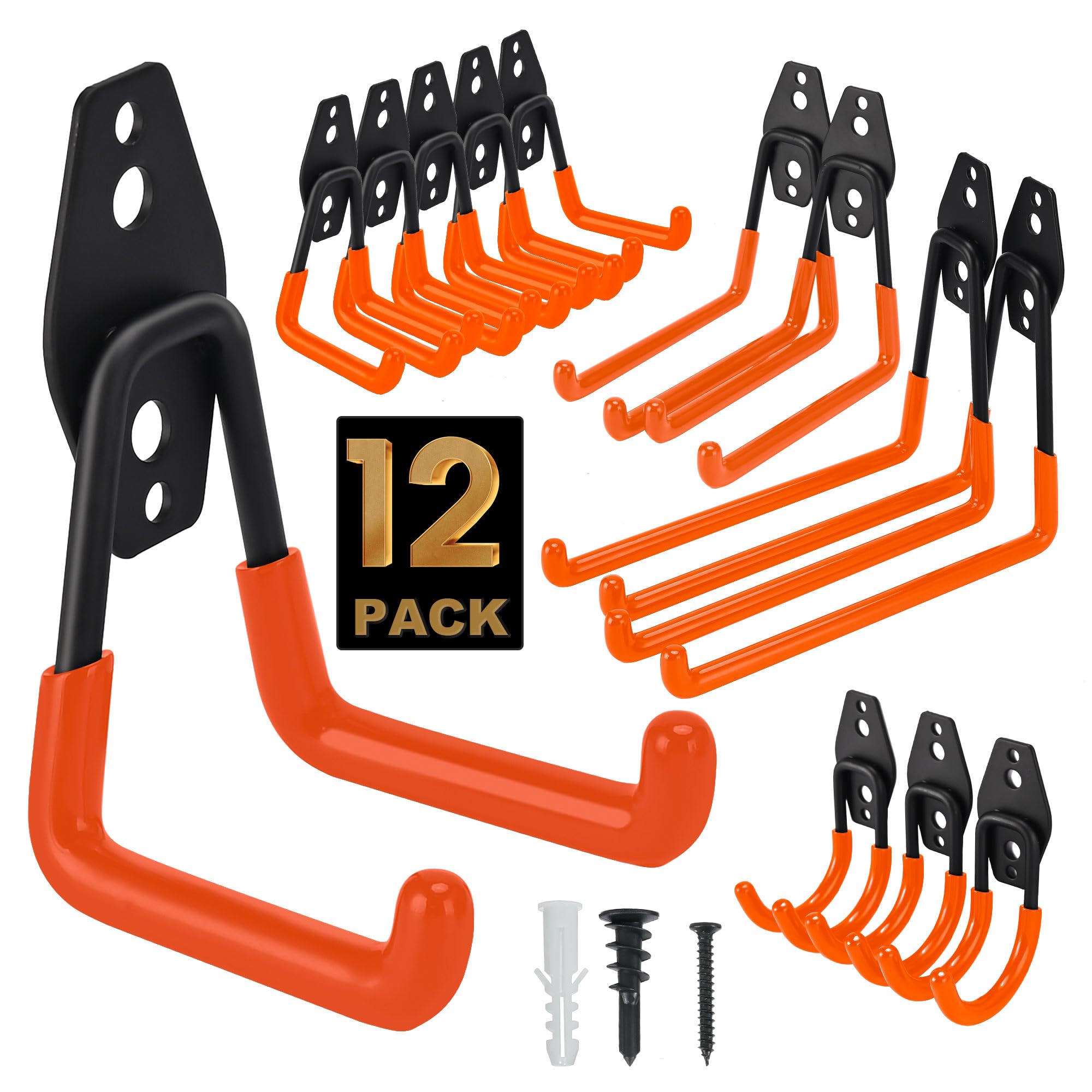 TECHSHARE Garage Hooks, 12 Pack Heavy Duty Wall Hooks, 4 Sizes Storage Hooks for Garden Tools, Sports Equipment, Garage Organization