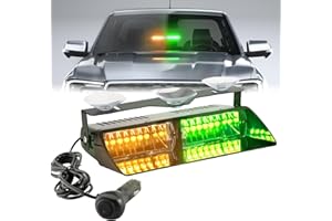 PKINGLAKE Windshield LED Dash Emergency Strobe Light 16 LEDs Interior Visor Deck Hazard Flashing Safety Warning Lights Bar for Police Firefighter Law Enforcement Trucks Vehicles (Amber/Green, 12V)