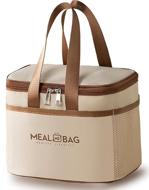 Insulated Lunch Bags, Adult Reusable Lunch Cooler Tote Bags, Cream Cooler Tote Lunch Bag for Women & Kids, Large Cooler Bag for Work, School, Picnic, Camping